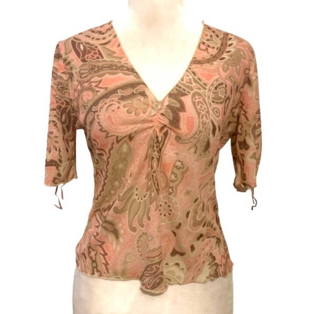 Beware Y2K Sheer Paisley Boho Top Peach Brown Early 2000s M